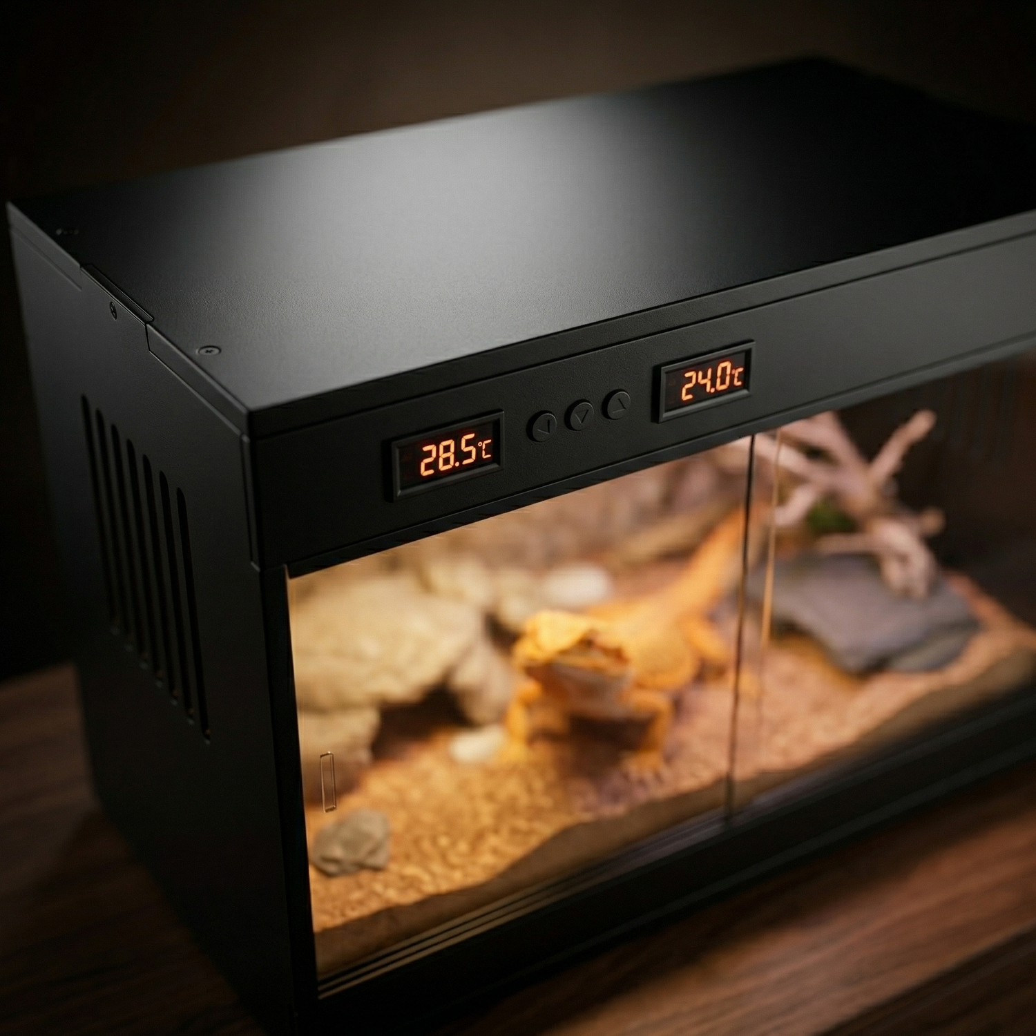 Gros plan panneau contrôle terrarium reptile premium, deux écrans 
LCD digitaux affichant températures précises 28.5°C et 24.0°C 
zones indépendantes, boutons contrôle finition premium, éclairage 
macro studio lueur ambrée écrans, intérieur décoré reptile flou 
chaud bokeh visible fond, surface noyer sombre, ambiance précision 
horlogerie suisse instrument scientifique luxe, format JPG 1:1