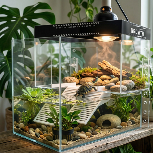 Terrarium verre premium tortue complètement aménagé avec eau claire, rampe blanche permettant accès facile, tortue aquatique (trachemys scripta) se prélassant sur plateforme basking avec roches lisses bois flotté mousse verte, plantes aquatiques flottantes, éclairage chauffant dessus, environnement intérieur naturel avec plantes tropicales arrière-plan flou, surface bois, ambiance lumière naturelle chaleureuse, format JPG carré 1:1