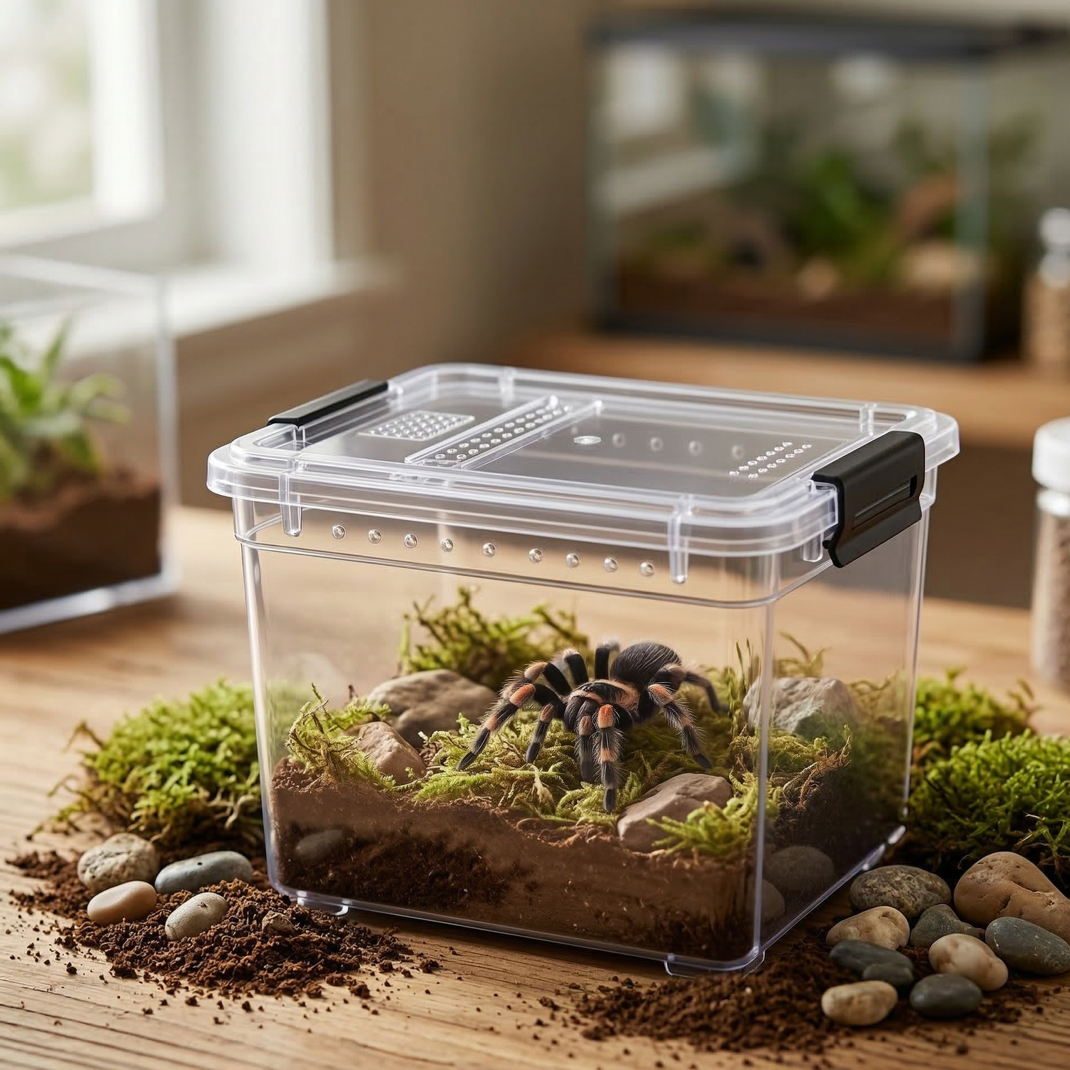 Terrarium transparent pour petits reptiles et arachnides, avec couvercle à verrouillage sécurisé et système de ventilation latérale, présenté dans un décor naturel avec tarentule.