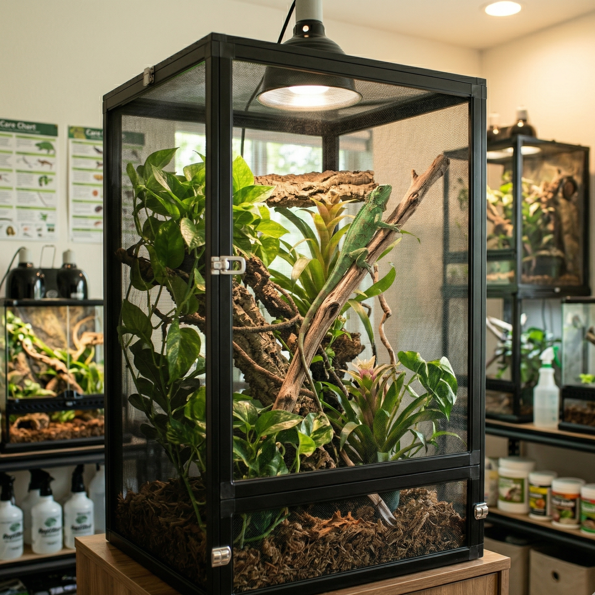 Terrarium vertical aluminium noir mesh (design exact référence) vue latérale montrant hauteur design vertical, iguane vert juvénile ou grand lézard arboricole grimpant branches verticales intérieur, branches multiples hauteurs différentes utilisation espace vertical, plantes tropicales pothos philodendron couverture, plateforme basking dessus sous lampe chauffante, substrat naturel fond, côtés mesh montrant ventilation airflow design screen enclosure, cadre aluminium noir structure, meuble base cabinet robu