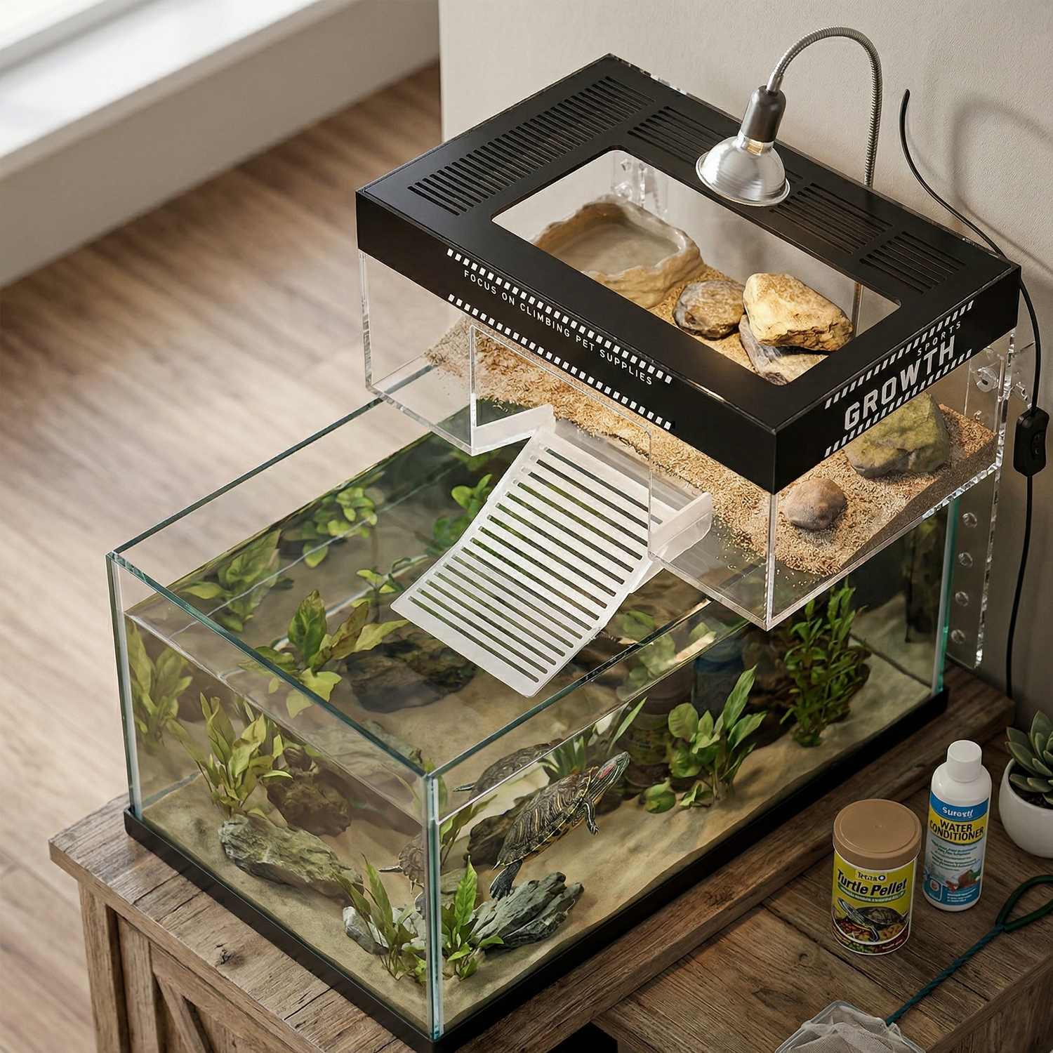 Vue semi-aérienne élevée 30 degrés module topper basking sur aquarium montrant organisation complète habitat tortue, dessus plateforme noire ventilée GROWTH visible avec zone séchage aménagée gamelle roches, rampe blanche descendant dans eau dessous créant pont deux niveaux, aquarium rectangulaire verre avec eau plantes tortue nageant visible depuis dessus, supports transparents structure, bras lampe flexible, meuble stand bois dessous avec accessoires entretien tortue réalistes, sol bois arrière-plan flou,