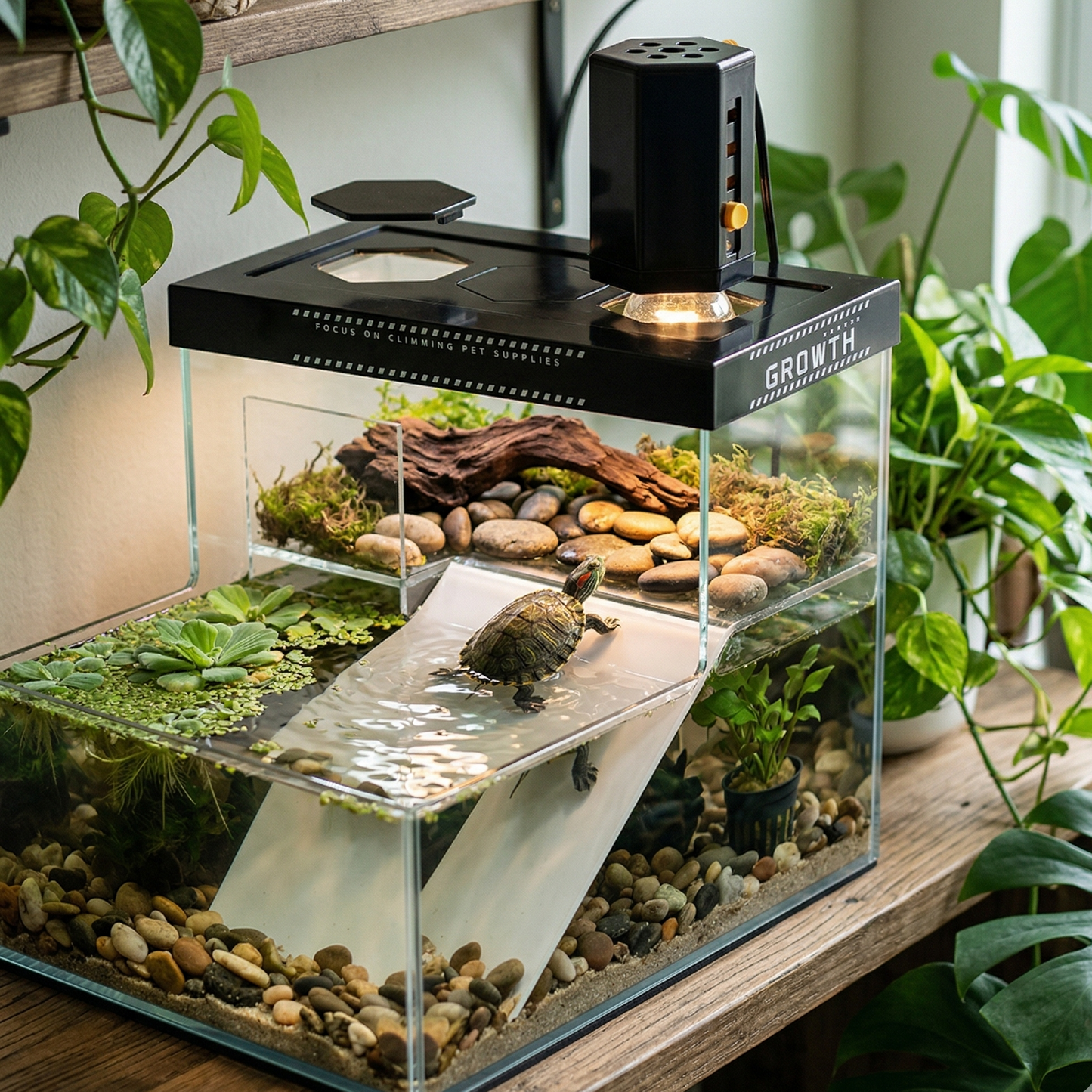 Terrarium pour tortue avec couvercle noir ventilé, rampe d'accès blanche et zone de bronzage naturelle sur une étagère en bois entourée de plantes.
