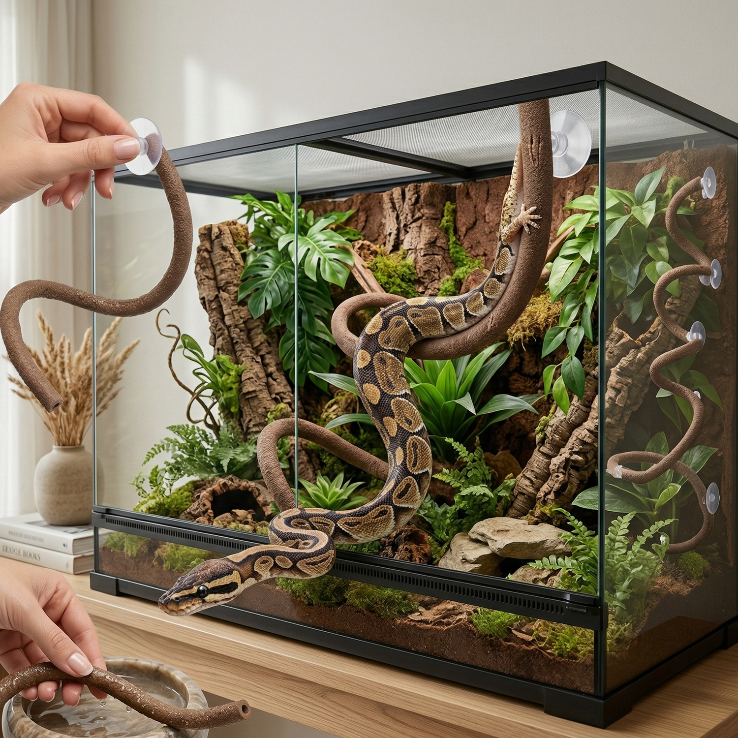Terrarium quatre éléments narratifs simultanés, centre python royal 
drapé vigne courbe spectaculaire, coin gauche haut main repositionnant 
ventouse nouvelle configuration instantanée, bas gauche rinçage vigne 
bol eau nettoyage facile pristine, droite gros plan surface PU griffe 
gecko résistance prouvée intacte, droite configuration différente même 
vigne transformée, lumière naturelle journée, format JPG 1:1