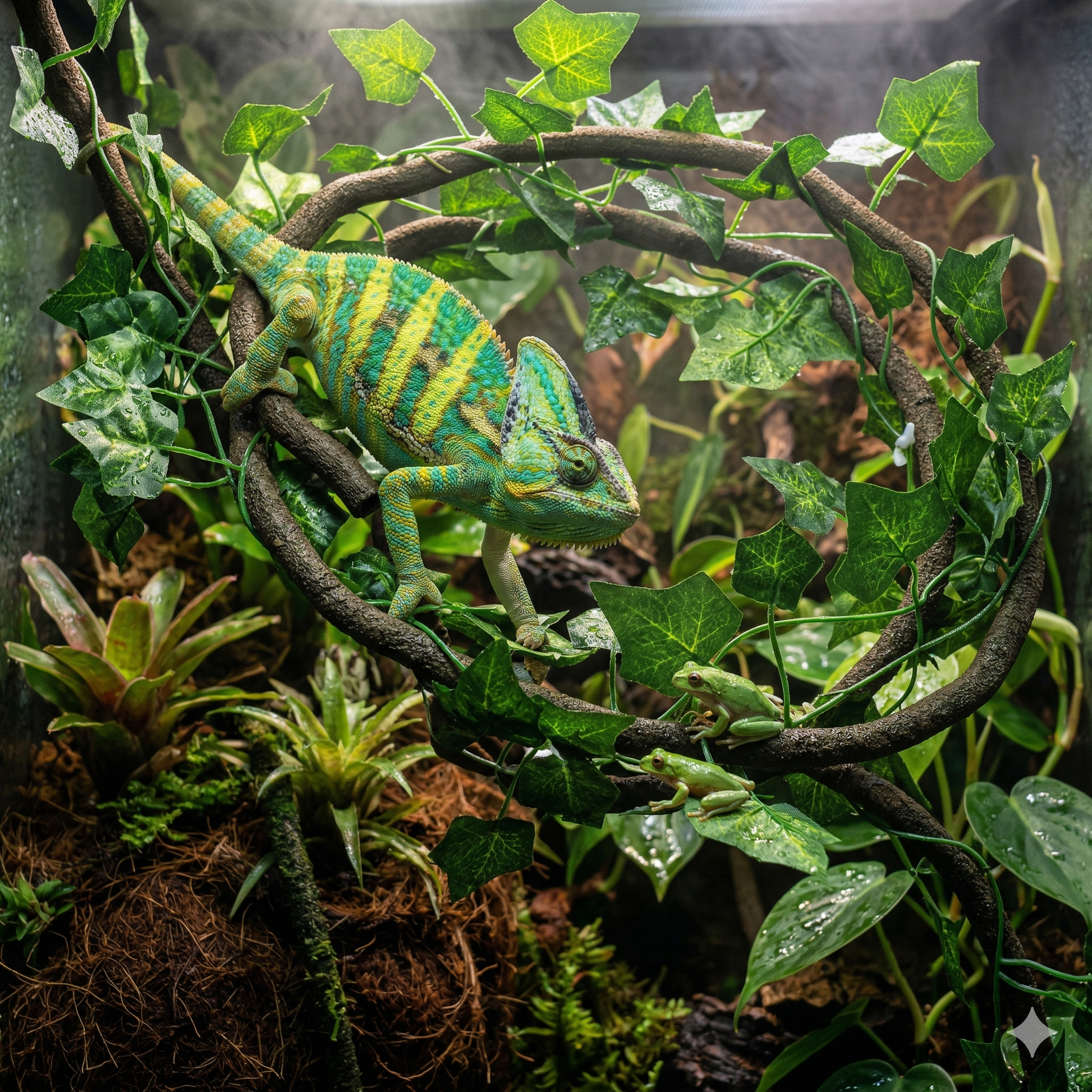 Vigne artificielle style B feuilles lierre vertes installée terrarium 
tropical luxuriant, caméléon voilé vert jaune camouflé grippant vigne 
œil rotatif parfaitement chez lui, grenouille arboricole verte feuille 
ventouses, substrat coco sombre plantes tropicales fond, gouttelettes 
brume feuilles diamants lumière diffuse tropicale, format JPG 1:1