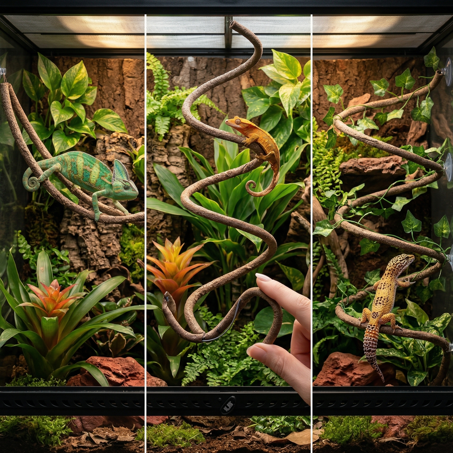 Terrarium trois configurations vignes artificielles simultanées, gauche 
pont suspendu caméléon traversant équilibré, centre spirale tropicale 
montante gecko crêté queue enroulée, droite parcours vertical zigzag 
gecko léopard mi-escalade, doigts élégants pliant vigne centre fil fer 
flexible forme parfaite, substrat tropical sombre plantes dappled 
lumière chaude, format JPG 1:1