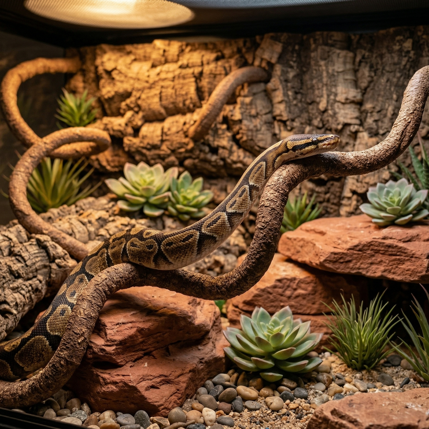 Vigne artificielle style A sans feuilles texture écorce brun chaud 
installée diagonale terrarium désert, python royal araignée blanc noir 
drapé élégamment courbe tête reposée yeux alertes, sable rougeâtre 
ardoise gauche liège droite lumière basking ambre, texture écorce 
naturelle convaincante, format JPG 1:1
