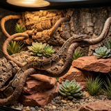 Vigne artificielle style A sans feuilles texture écorce brun chaud 
installée diagonale terrarium désert, python royal araignée blanc noir 
drapé élégamment courbe tête reposée yeux alertes, sable rougeâtre 
ardoise gauche liège droite lumière basking ambre, texture écorce 
naturelle convaincante, format JPG 1:1