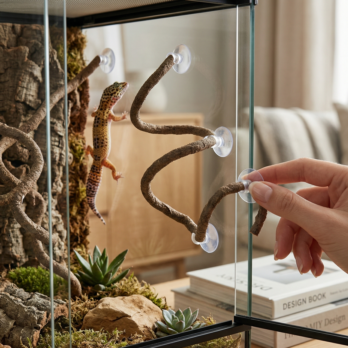 Vigne artificielle style C ventouses blanches pressées paroi verre 
intérieur terrarium courbe naturelle élégante, main élégante extérieur 
pressant dernière ventouse installation 30 secondes, gecko léopard 
utilisant vigne installée immédiatement approbation, salon moderne 
chêne tones neutres chaleureux bokeh fond, lumière naturelle ventouses 
qualité highlights, format JPG 1:1