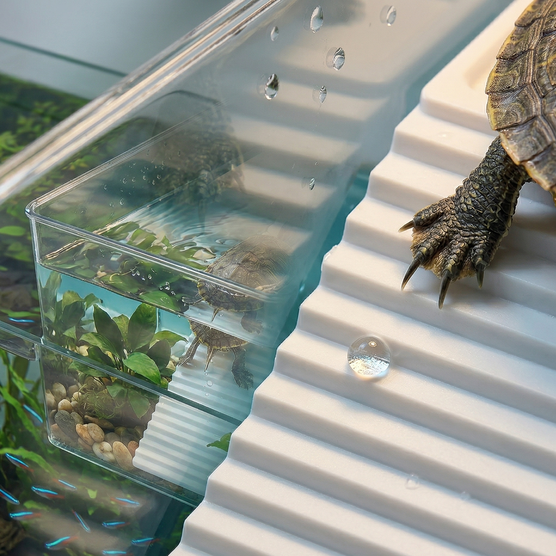 Macro vivarium tortue deux éléments, gauche paroi plastique cristallin 
ultra-transparent tortue visible travers qualité premium, droite rampe 
nervurée blanche razor sharp griffe tortue agrippant ridge gouttelette 
diamant, éclairage macro focused textures détails, format PNG 1:1