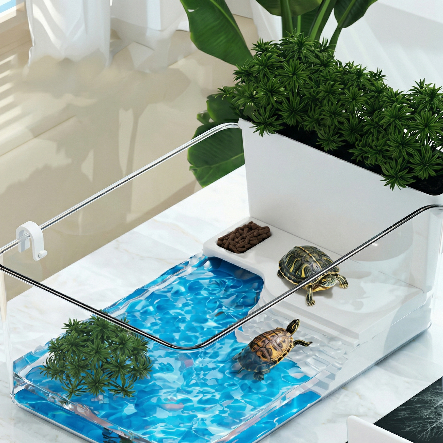 Vivarium tortue transparent vue plongeante angle élevé comptoir marbre 
Calacatta blanc veinage or, eau bleue caribéenne vive zone aquatique 
plante verte aquatique, deux tortues oreilles rouges une rampe séchant 
une nageant, plateau nourriture zone sèche, plante verte luxuriante 
pot céramique blanc fond flou droit, lumière naturelle vive eau 
électrique brillante, format JPG 1:1