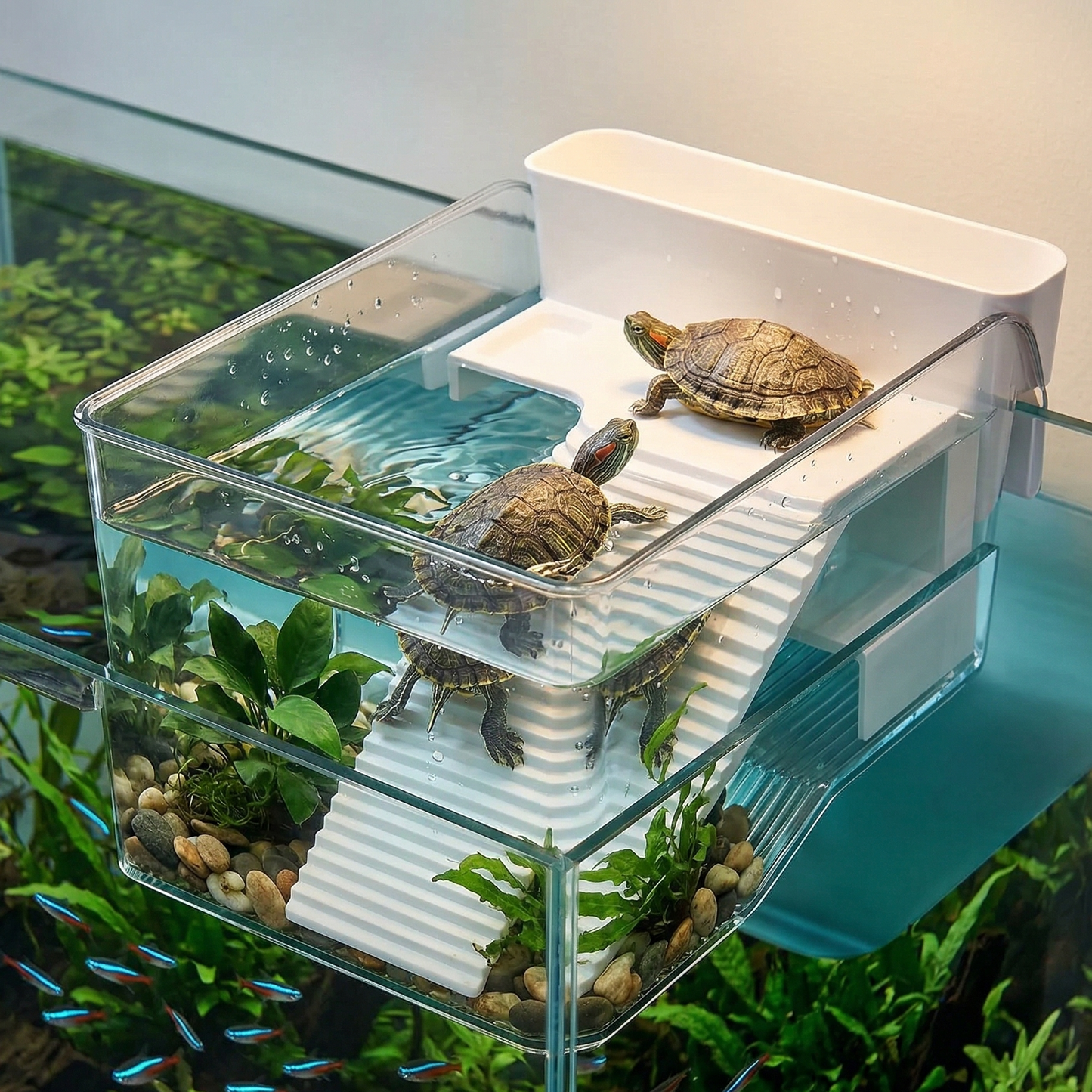 Vivarium tortue transparent accroché bord aquarium crochet blanc, 
tortue oreilles rouges mi-escalade rampe nervurée gouttelettes carapace 
freeze-frame, deuxième tortue séchant dessus relaxée, eau cristalline 
bleue-verte intérieur, aquarium riche visible dessous verre, lumière 
naturelle chaude gouttelettes diamants, format JPG 1:1
