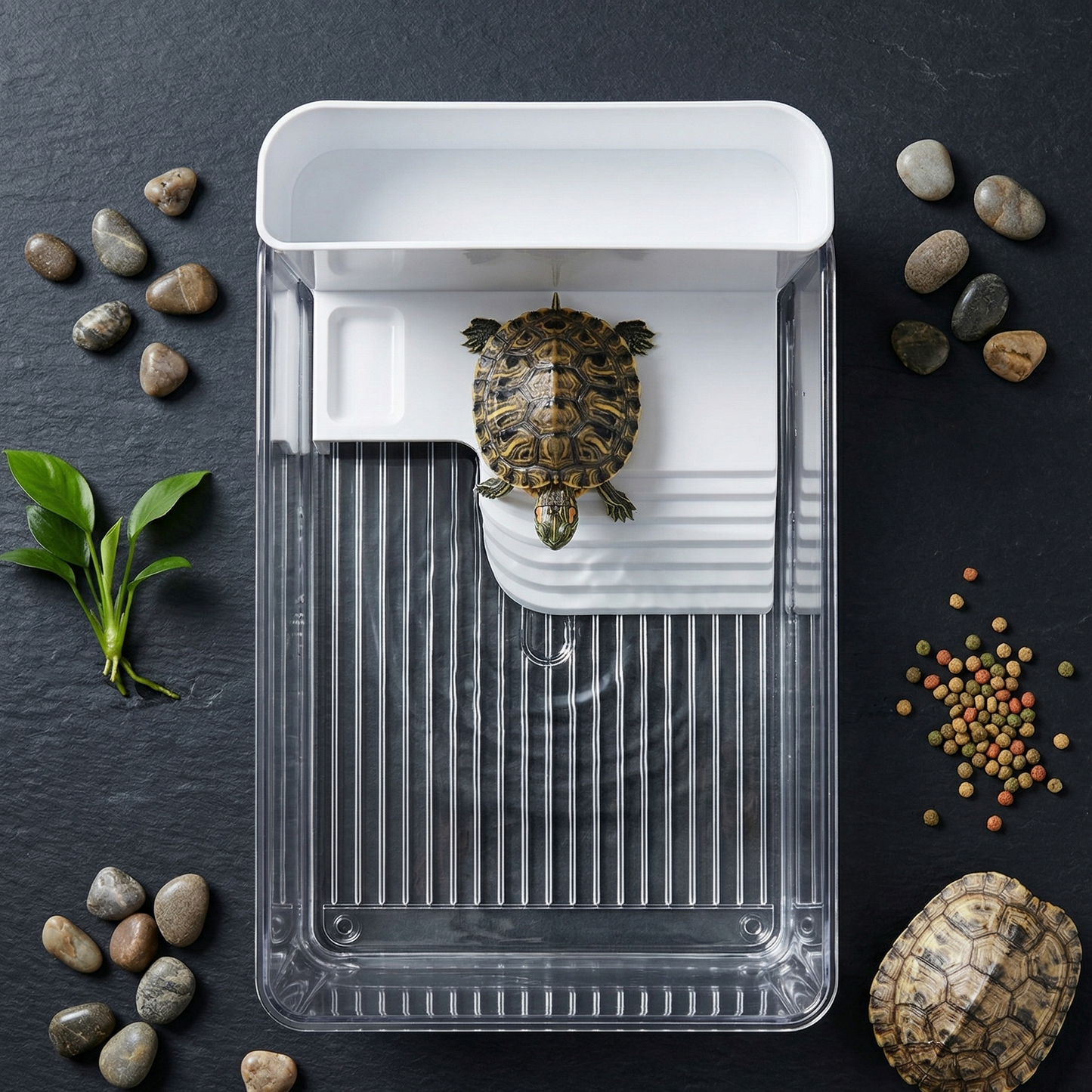 Vue plongeante flat lay vivarium tortue transparent eau cristalline 
rampe blanche visible dessus grille chrome, tortue vue dessus rampe 
carapace naturelle brune noire jaune tête vers eau, surface ardoise 
sombre galets plante aquatique pellets nourriture coquille décorative, 
lumière naturelle overhead shimmer eau, format PNG 1:1