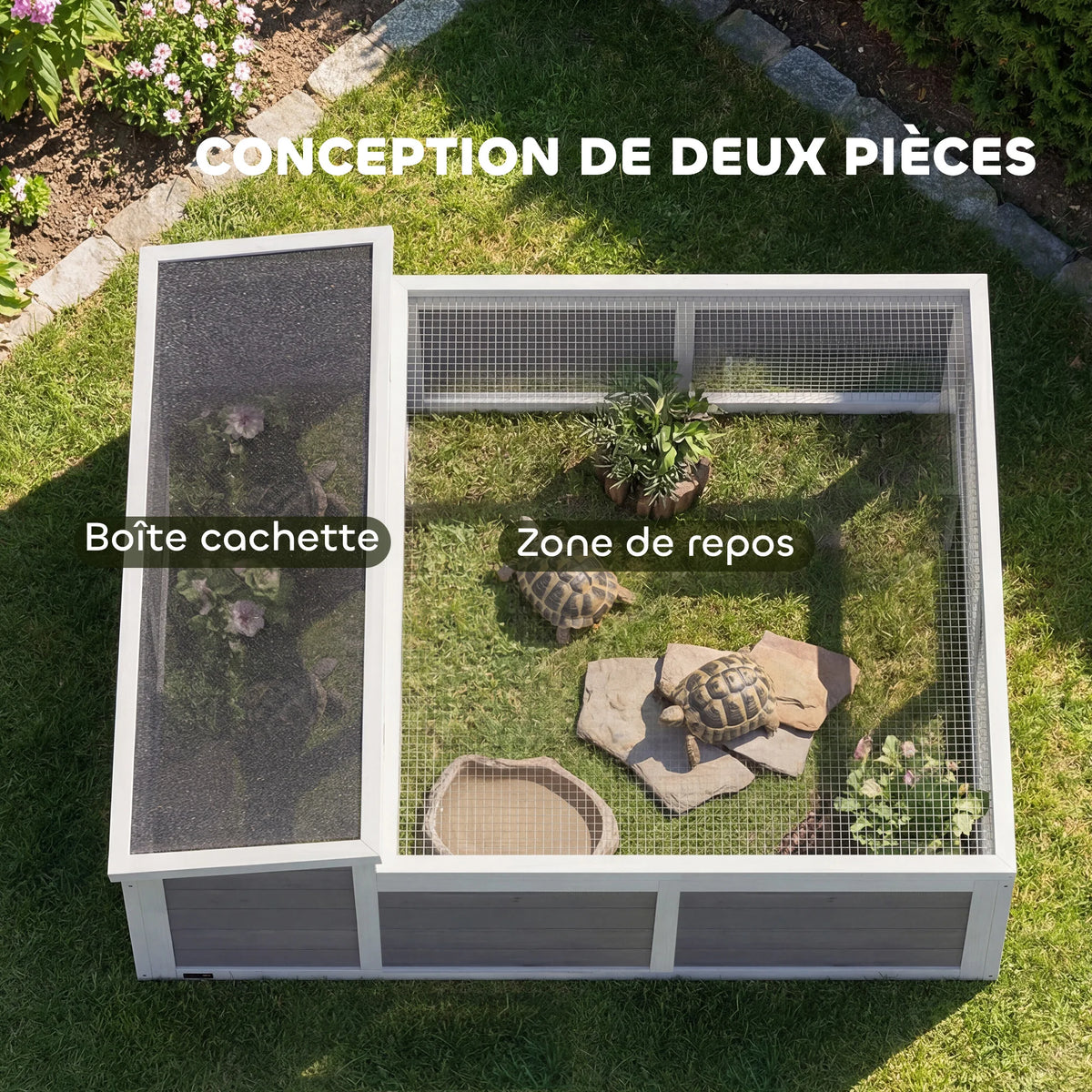 Vue de dessus de l'enclos pour tortue : abri couvert de 100 × 33 cm et zone de promenade de 100 × 77 cm