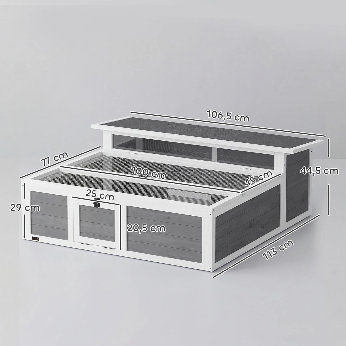 Dimensions de l'enclos pour tortue terrestre : 113 × 106,5 × 44,5 cm, zone de promenade de 100 × 77 cm et porte de 25 × 20,5 cm