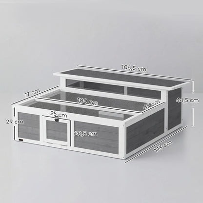 Dimensions de l'enclos pour tortue terrestre : 113 × 106,5 × 44,5 cm, zone de promenade de 100 × 77 cm et porte de 25 × 20,5 cm
