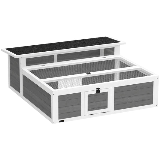  Enclos pour tortue terrestre en bois gris et blanc avec abri couvert et zone de promenade grillagée