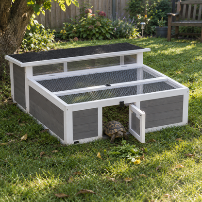 Enclos pour tortue posé sur la pelouse d'un jardin, une tortue d'Hermann sort par la porte avant