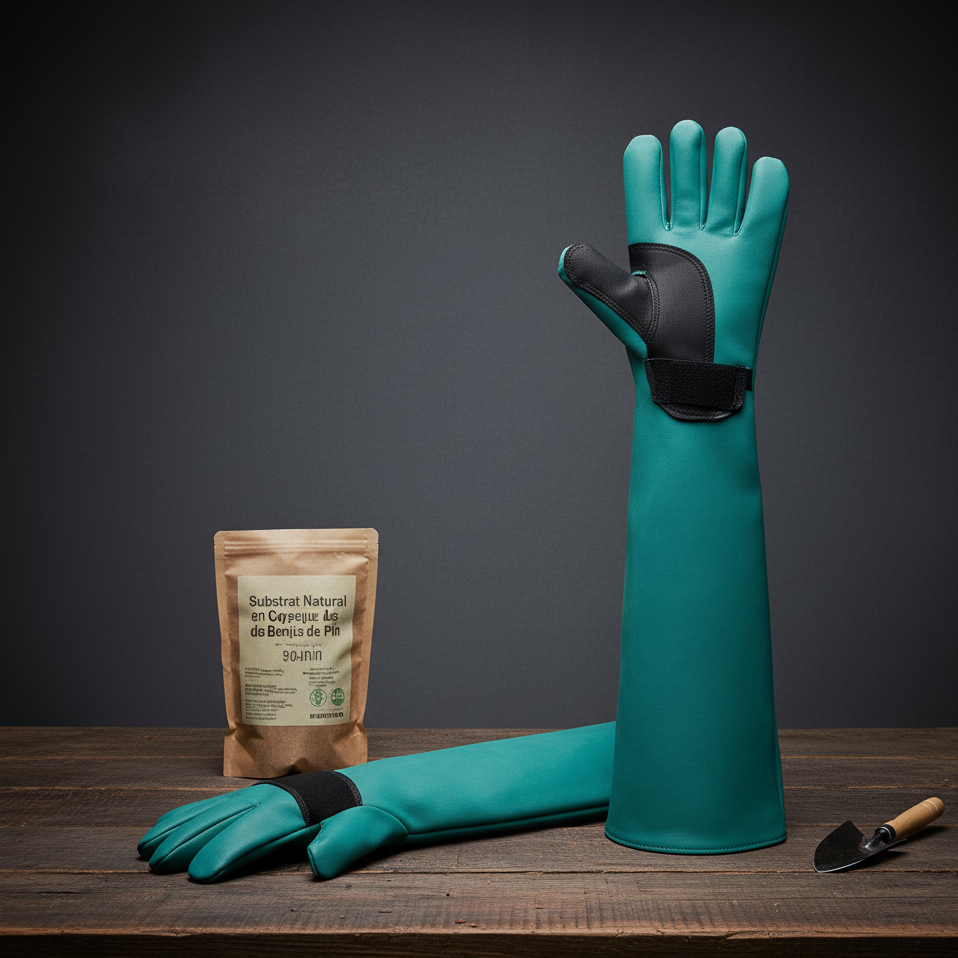 Gros plan sur une paire de longs gants de protection en cuir de daim bleu sarcelle avec patchs noirs