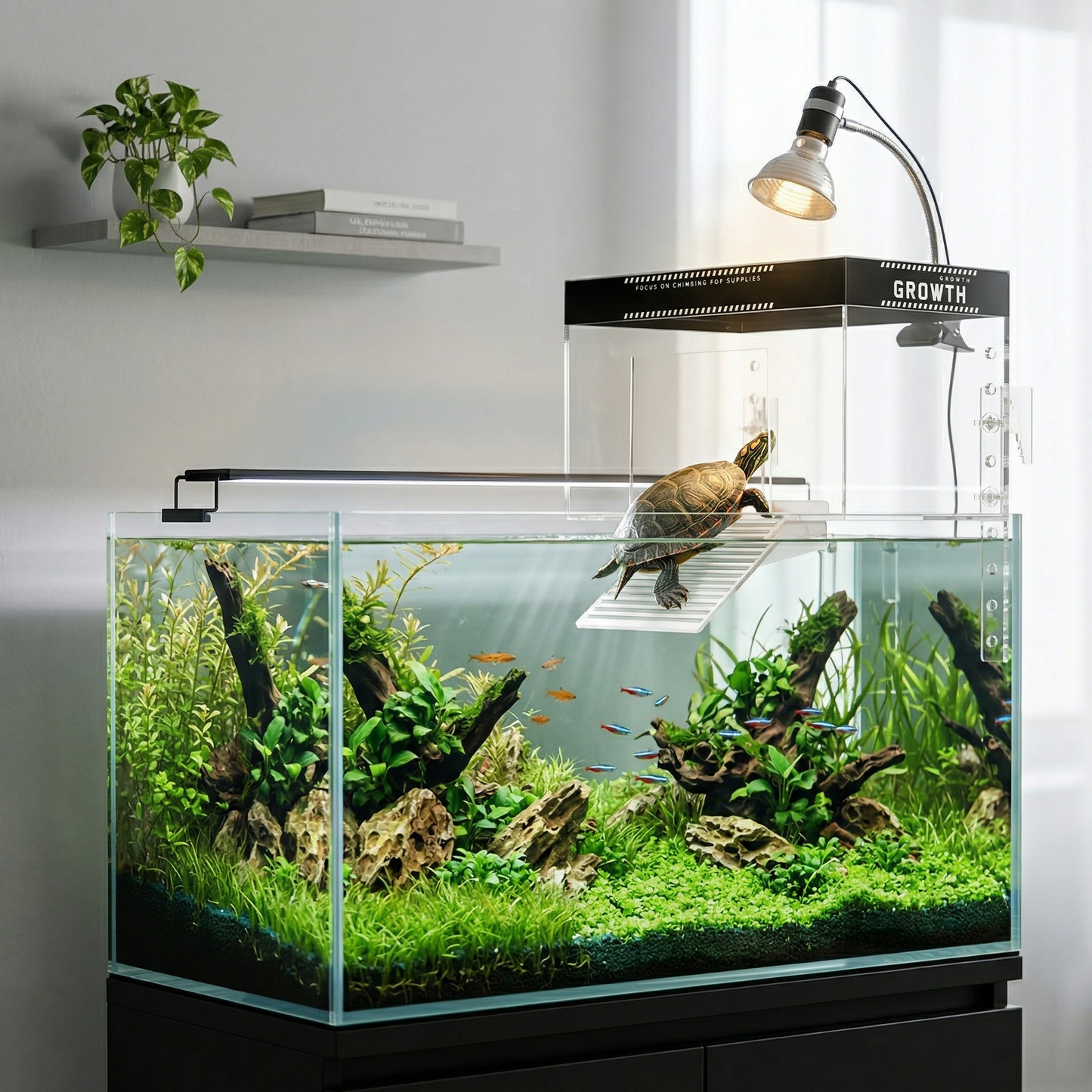 Module topper basking noir installé sur aquarium planté luxuriant avec tapis plantes vertes denses aquascape roches bois flotté fougères, eau cristalline poissons néons colorés nageant niveau inférieur, tortue utilisant rampe blanche ou basking plateforme supérieure, supports transparents permettant voir aquascape travers, meuble aquarium noir moderne dessous, intérieur contemporain minimaliste mur clair plante arrière-plan flou, lumière naturelle fenêtre, éclairage aquarium créant ambiance, format JPG carr