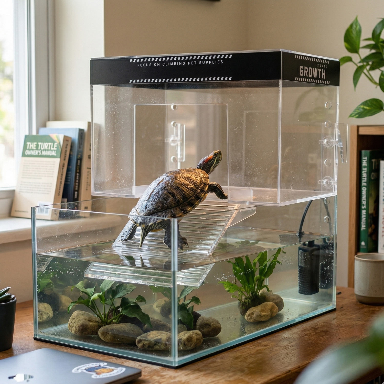Module topper basking installé aquarium maison réel environnement domestique authentique, tortue utilisant naturellement rampe ou plateforme, polycarbonate transparent montrant durabilité usage quotidien, setup vécu avec légères traces utilisation prouvant robustesse, aquarium basique eau roches plantes simples, meuble bois bureau étagère dessous, arrière-plan flou pièce normale avec livres objets quotidiens plante basique mur ordinaire, éclairage naturel fenêtre mixte lumière pièce, style photo maison genu