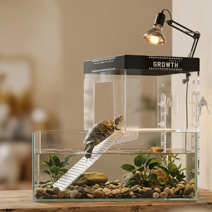 Vue latérale profil module topper basking montrant clairement structure deux niveaux, aquarium verre base avec eau plantes niveau inférieur, plateforme séchage noire surélevée reposant rebords créant zone sèche séparée au-dessus, rampe blanche descendant angle dans eau, supports transparents visibles, tortue sur plateforme démontrant échelle fonction, meuble bois naturel dessous, arrière-plan beige chaleureux flou maison, démonstration ingénierie séparation zones aquatique-terrestre, format PNG carré 1:1