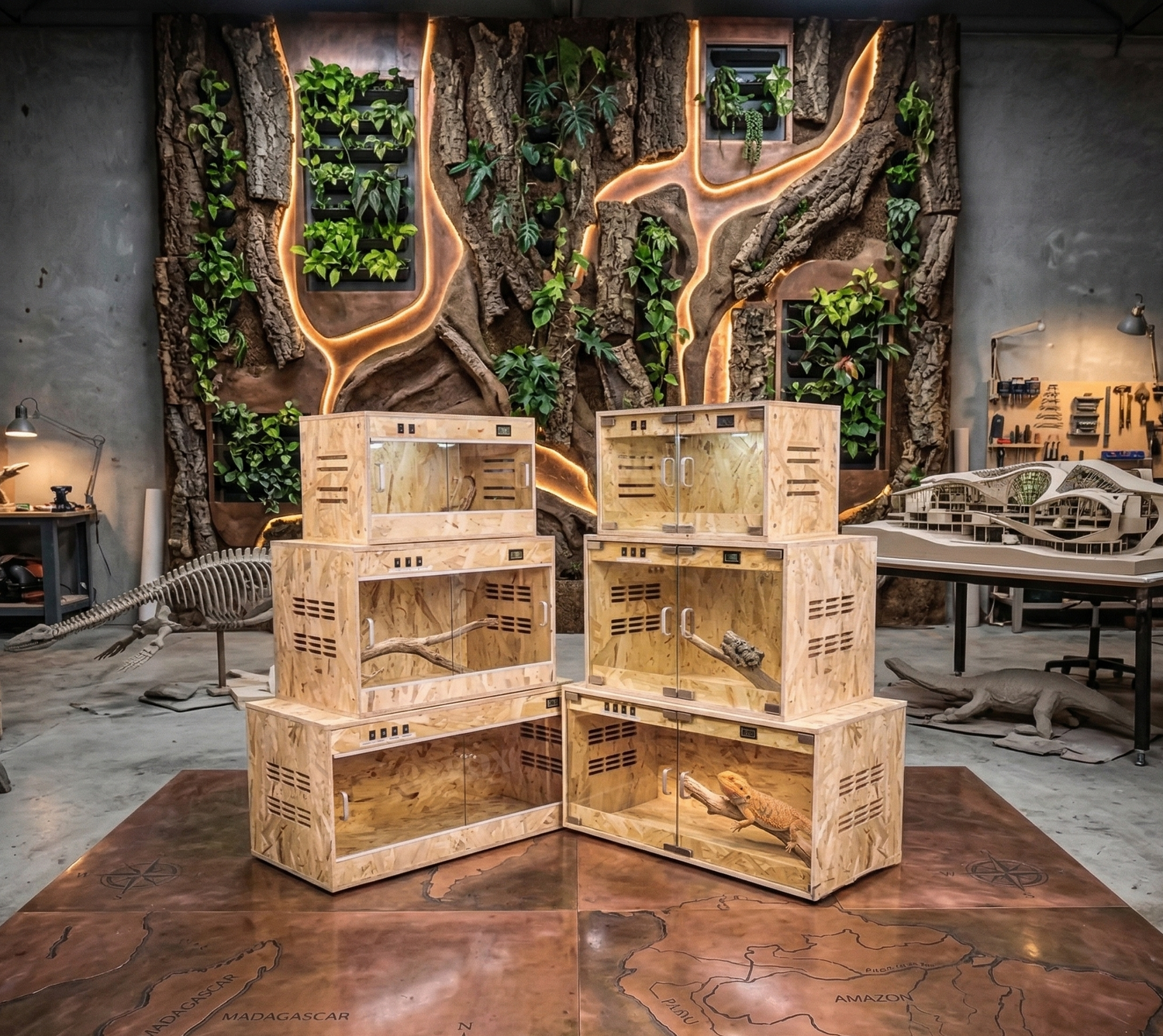 Gamme de terrariums en bois OSB Luminoria en trois tailles, présentés dans un atelier de design créatif avec décor tropical.